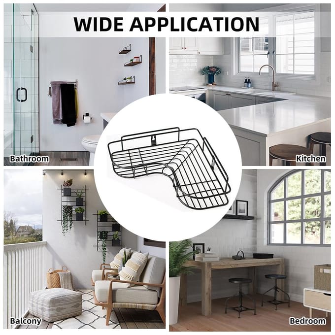 Étagère de panier de douche en fer d'angle Anti-balançoire avec 2 crochets, sans perçage, solide et sans trace rectangle noir