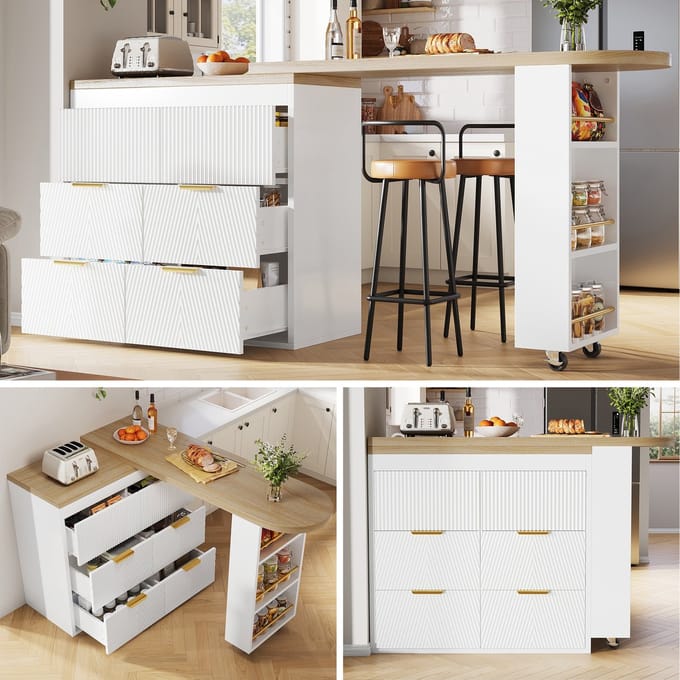 Bartafel - Met 6 Laden - 360° Draaibaar Multifunctioneel Met Kantelbeveiliging - Hout - Naturel