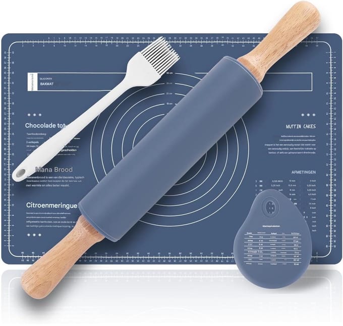 GELLDG Siliconen deegroller - Siliconen mat set - Houten deegroller - Bakmat - Deegschraper - Kwast - Siliconen deegroller - Blauw