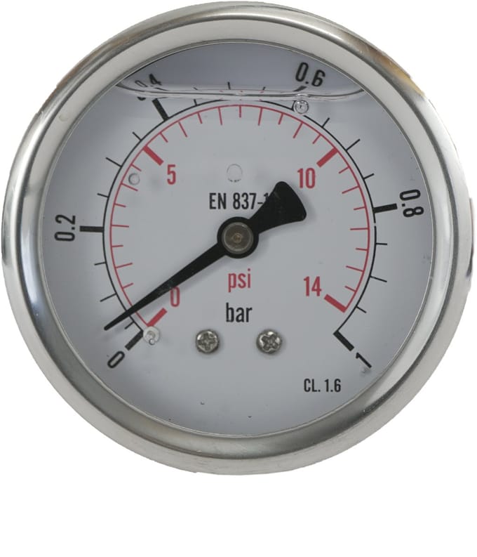 0..1 Bar Glycerine Manometer Achteraansluiting RVS/Messing 63 mm Klasse 1.6 - ML0163SHG