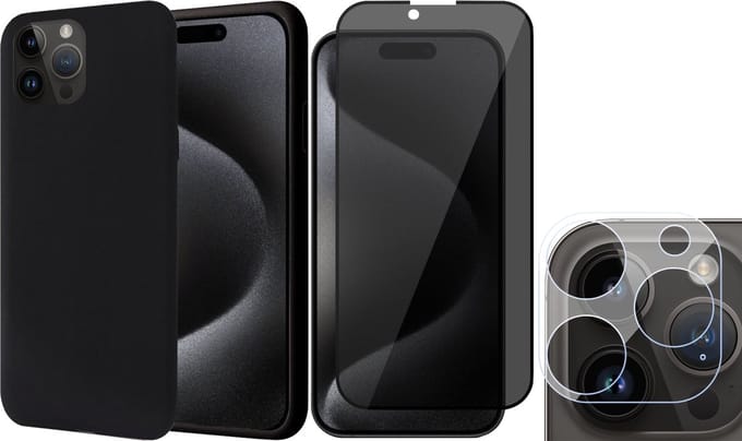 Hoesje geschikt voor iPhone 15 Pro Max - Privacy Screenprotector FullGuard & Camera Lens Screen Protector - Back Cover Case SoftTouch Zwart