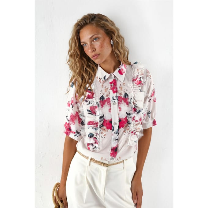 Bloemen Poplin Blouse met Kragen