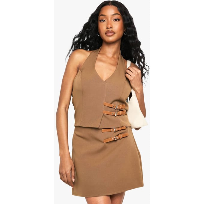 boohoo Dames Buckle Detail Tailored Mini Rok | Tan | Maat: 36