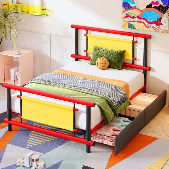 MODFU - Kinderbed - Met Opberglades - Platformbed - Metaal - Rood - 90 x 200 cm