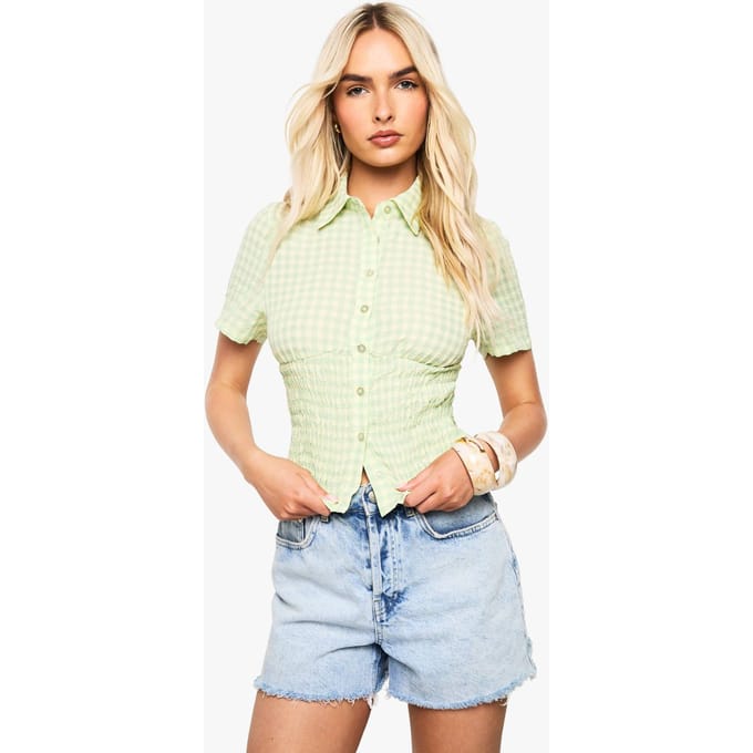 boohoo Dames Gingham shirt met geraffelde taille | Groente | Maat: 38