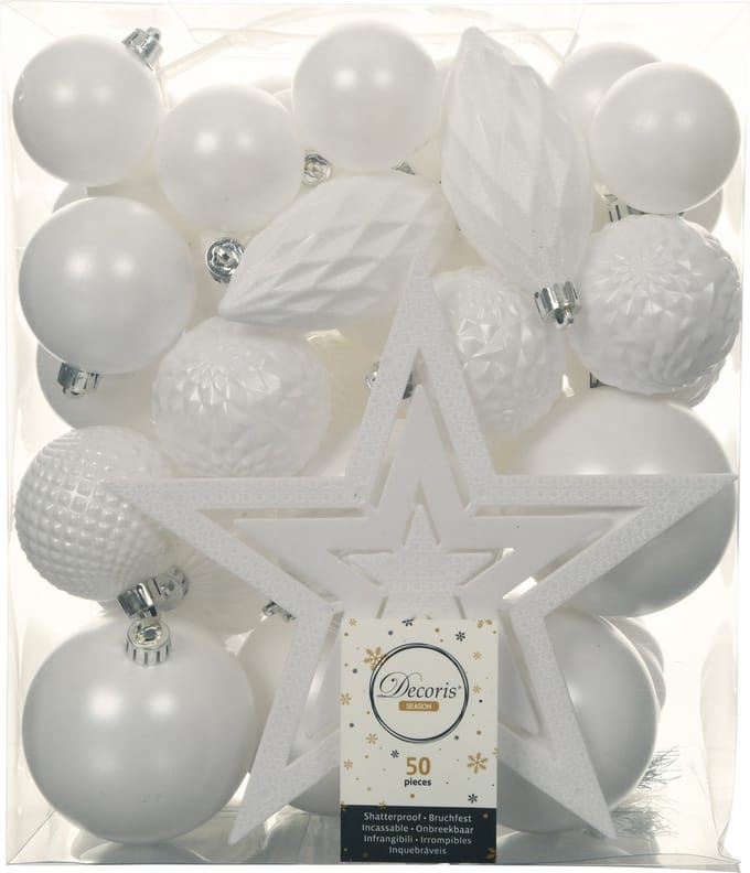 Decoris Set kunststof kerstballen wit - 66x stuks - 4, 5, 6, 8, 10 cm - glanzend, mat, glitter - met ster piek