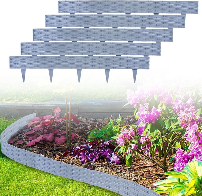 Gazonrand Bloembedranding - Kunststof Palissade - Tuinrand Creëren - Flexibel Rotan Design - 5 Meter Set - Grijs