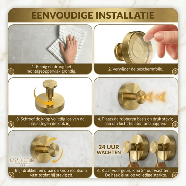 Casa di Elturo Set van 2 handdoekhaakjes zelfklevend met zuignap messing / rvs