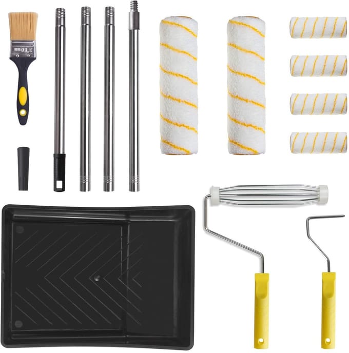 Dailygoods- Verfrollerset 14-delig - Verfroller - Schilderaccessoires - Verlengstang 26-120 cm - Polyamidevezel - Naadloze schilderervaring - Schilderset