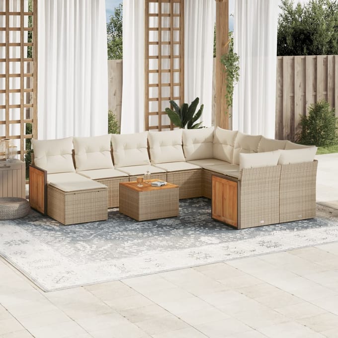 vidaXL - 11-delige - Tuinset - met - kussens - poly - rattan - beige