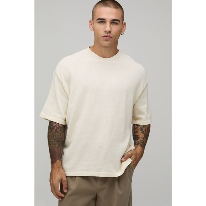 Oversized Gebreid T-shirt Van Katoenmix | Ecru | Size Medium
