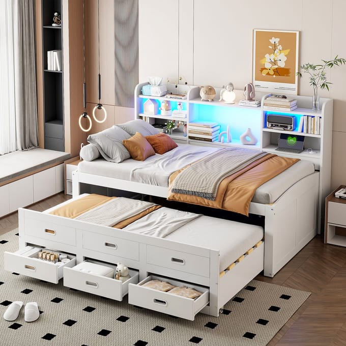 MODFU Bedframe 90x200 cm – 210x210x115 cm – Met LED, 3 lades, uitschuifbed en USB/Type-C – Wit – Multifunctioneel
