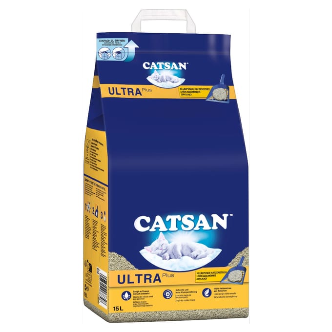 8 L / 15 L of 18 L Catsan kattenbakvulling + 60 g Whiskas of 180 g Dreamies kattensnack gratis! - Ultra Klontvormend 15 l + met Kip 180 g