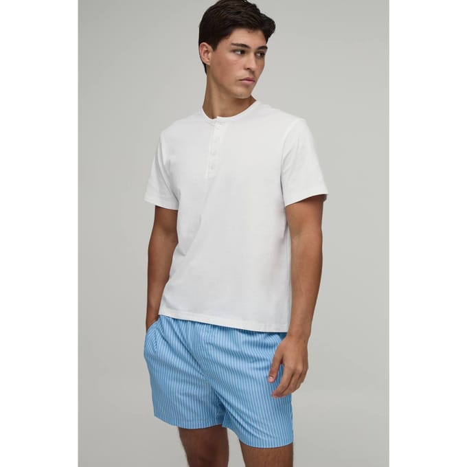 Korte Mouw Regular Fit Henley T-shirt & Boxy Korte Broek Lounge Set | Blue | Size Medium