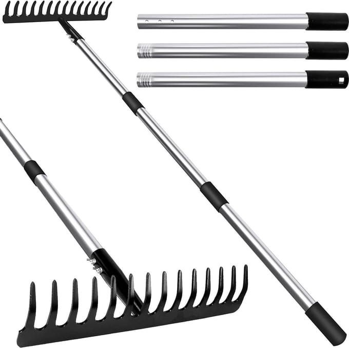 Garden Rake with Handle - 14 Teeth Metal Rake with Stainless Steel Handle for Loosening Ground and Leveling Lawn - Robust and Durable - Includes Leaf Crushers