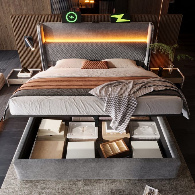 Wishdor Hydraulisch Opbergbed 140x200 cm – Hoog Hoofdbord met LED – USB en Type-C – Linnen – Grijs