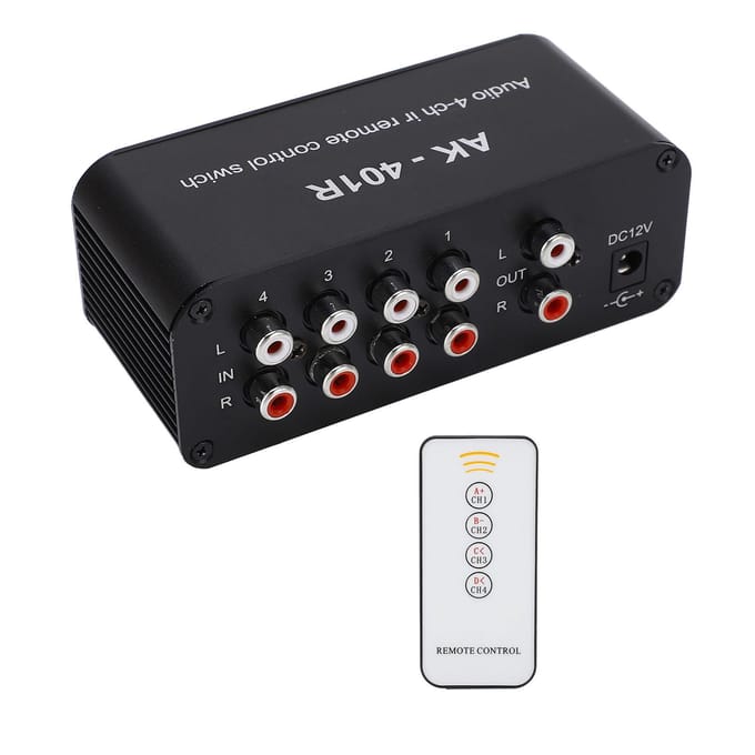 Audio Schakelaar 1 In 4 Uit DC 12V RCA Signaalkiezer Audio Splitter met Afstandsbediening black