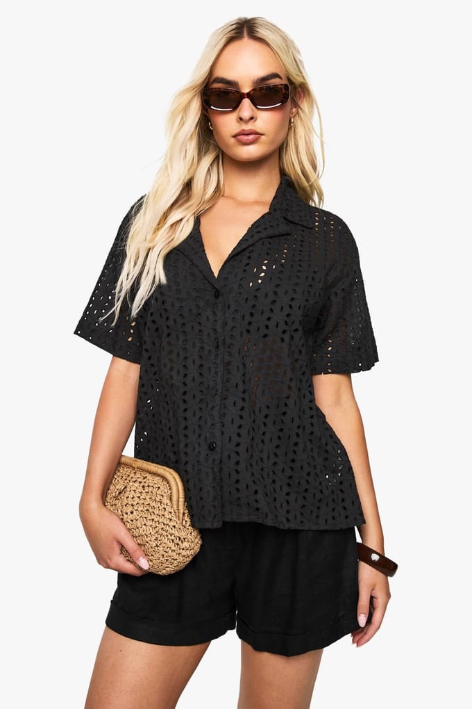 boohoo Dames Broderie Short Sleeve Shirt | Black | Maat: 8