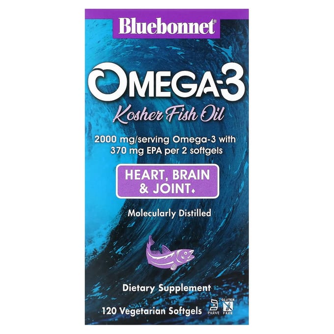Bluebonnet Nutrition, Omega-3 Kosher Visolie, 2.000 mg, 120 Plantaardige Softgels (1.000 mg per softgel)