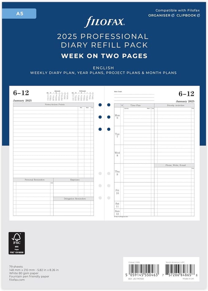 A5 Weekplanner 2025 - Dagindeling met Notities en Actiepunten | 2 Wijze per Pagina