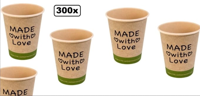 300x Koffiebeker Made with Love bamboe 250ml  next generation - Koffie thee chocomel soep drank water beker karton