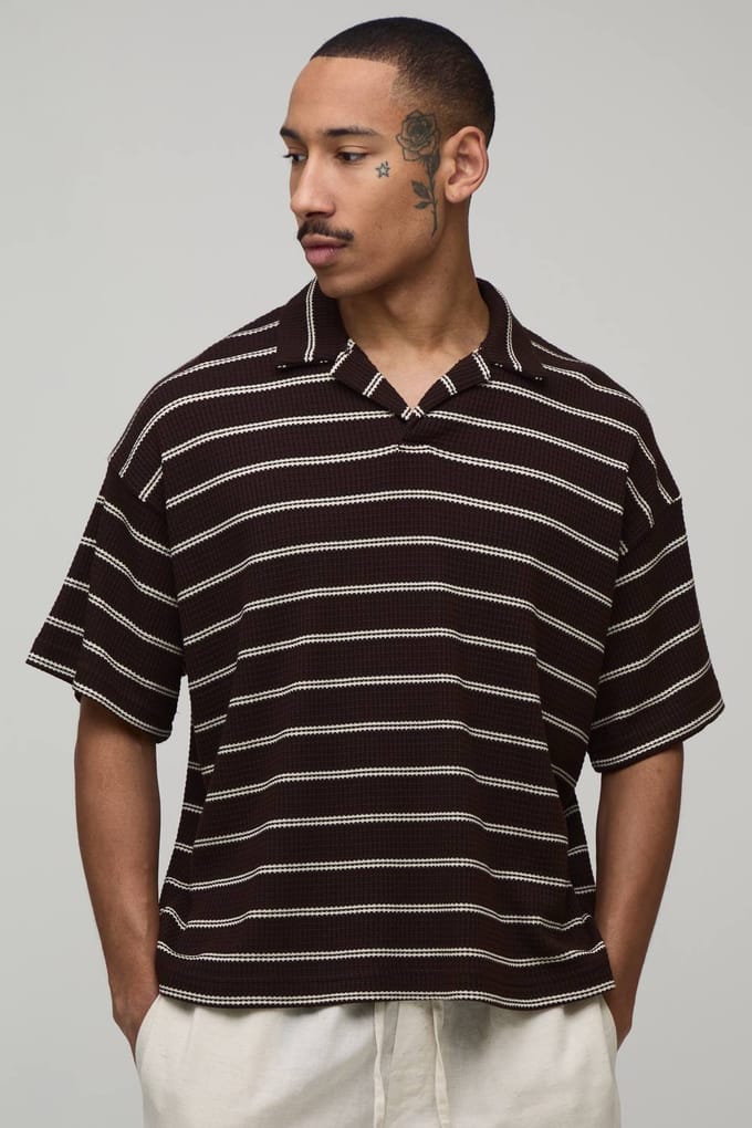 Oversized Striped Waffle Revere Polo T-Shirt | Chocolate | Size Large