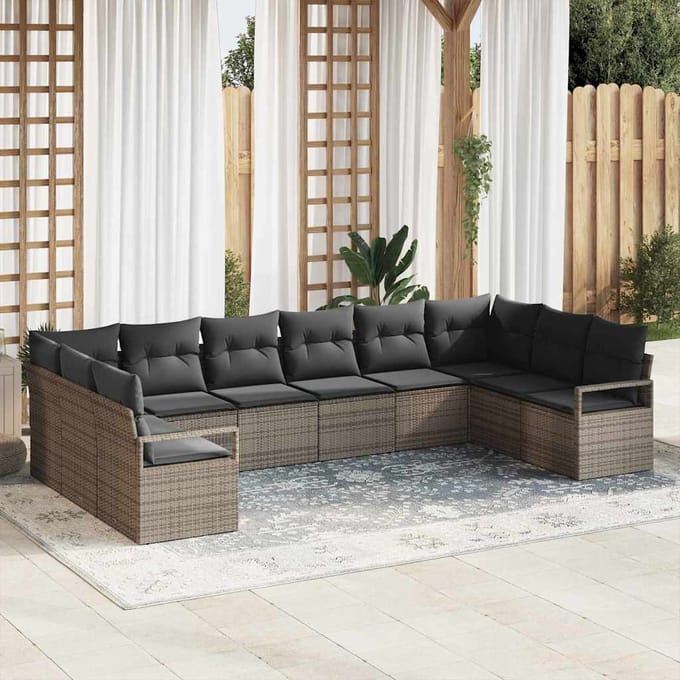 vidaXL Tuinbank Set met kussen met opslag 10 pcs Grijs poly rattan