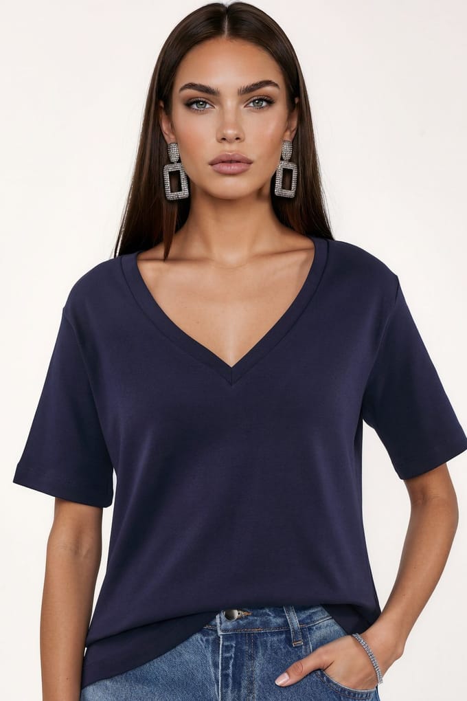 V-hals Effen Regular Fit Katoenen T-Shirt