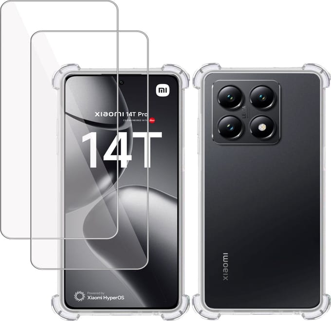 Hoesje + 2x Screenprotector geschikt voor Xiaomi 14T – Tempered Glass - Extreme Shock Case Transparant