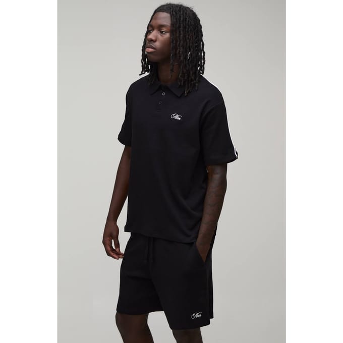 Oversized Boxy Polo En Short Set Met Contrasterende Biesjes En Geborduurd Detail | Black | Size Medium