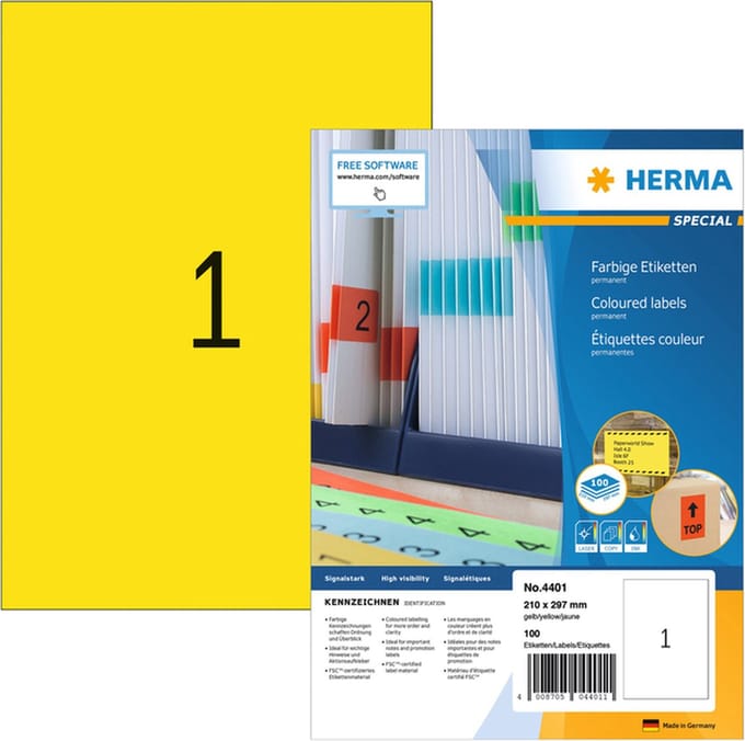Etiket herma 4401 210x297mm a4 geel 100st | 14 stuks