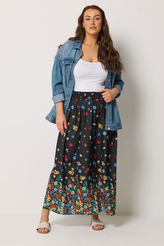 Yours Zwarte Maxirok Met Bloemenprint Size 46