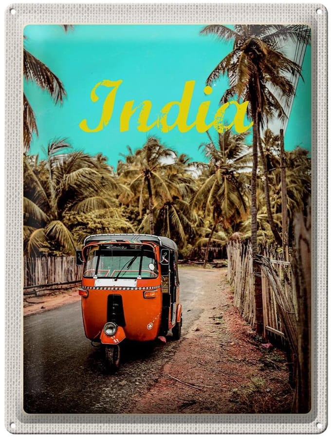 Blechschild Reise 30x40cm Indien Straße Tuk Tuk Taxi Asien