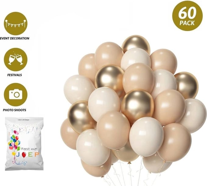 FeestmetJoep® 60 stuks ballonnen Goud & Beige – Verjaardag Versiering