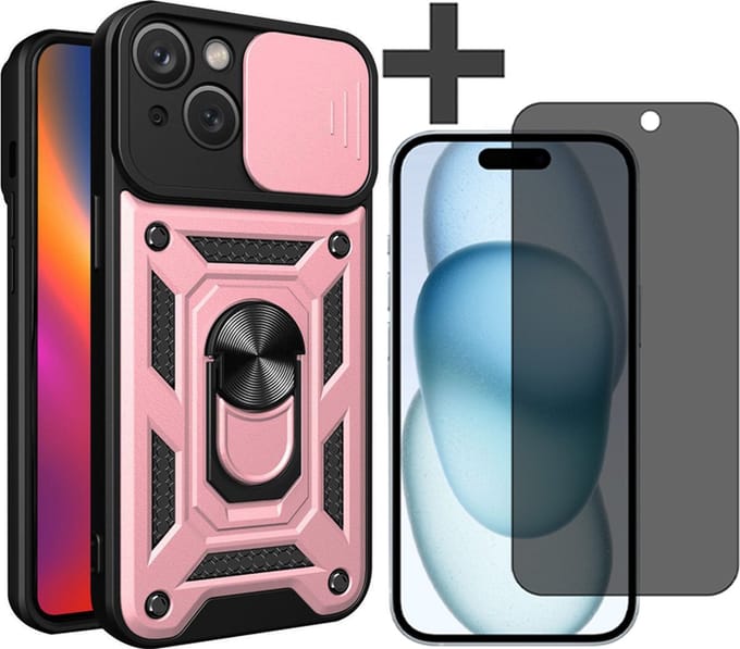 Hoesje met Privacy screenprotector Geschikt voor iPhone 15 Plus met Ringhouder en Camera schuifje - Arara backcover - Rosegoud