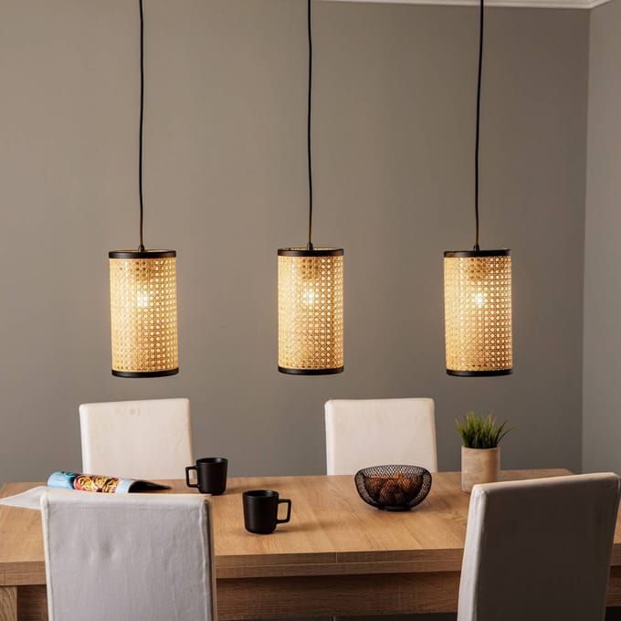 Lindby - hanglamp - 3lichts - Rotan - H: 28 cm - E27 - hel hout