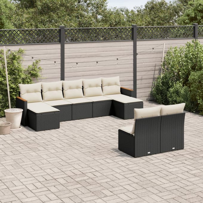 vidaXL - 9-delige - Loungeset - met - kussens - poly - rattan - zwart