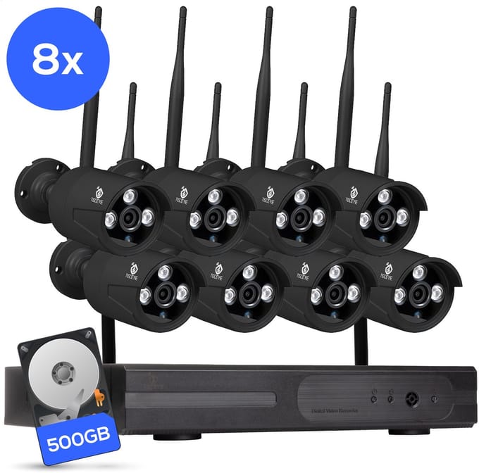 Teceye Bullet Beveiligingscamera Buiten met Recorder - Draadloze Buitencamera - 8 Camera - 500GB Opslag