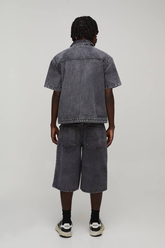 Herringbone Denim Double Carpenter Longline Jorts | Washed Black | Size 46R