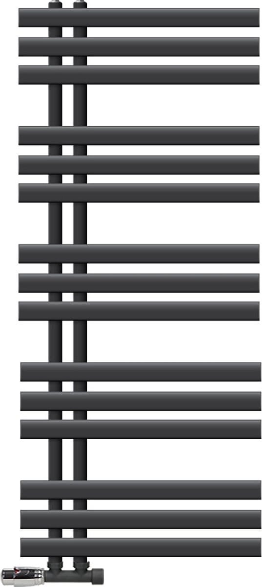 LuxeBath badkamer radiator Ijzer EM 500x1200 mm antraciet middenaansluiting aansluitset en thermostaat hoekwand, design radiator badkamer verwarming handdoekverwarmer handdoekdroger handdoekradiator