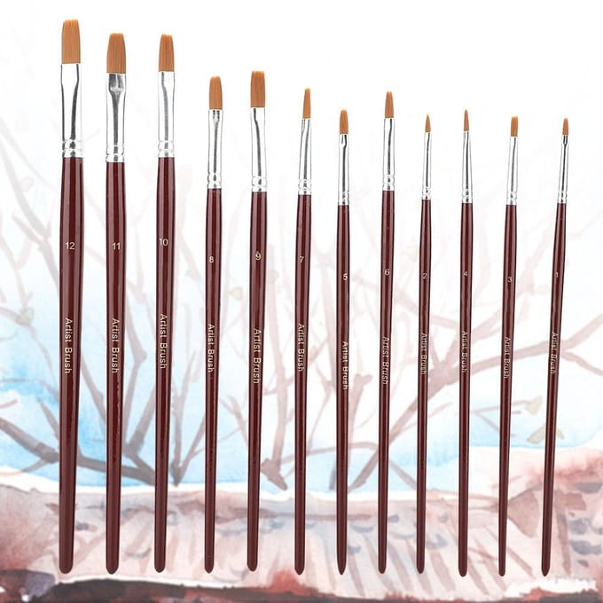 12 Pcs Pinceaux de Dessin en Poils de Nylon Rouge Vin Set d'Outils pour Peinture Artistique(appartement) brown
