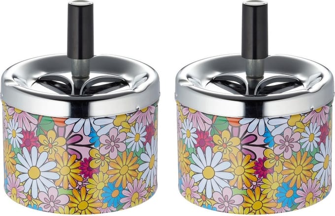 Set van 2x stuks gebloemde draaiasbakken met zilveren deksel - asbakken