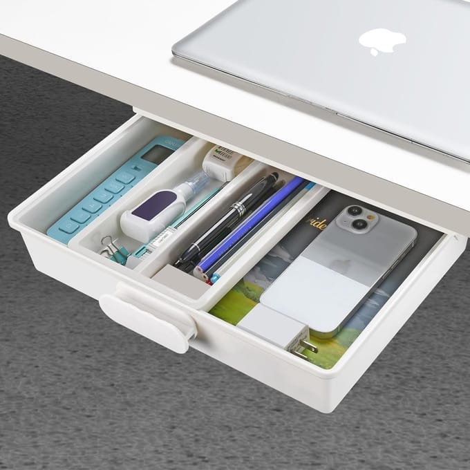 Onder bureaulade - Bureauopslag - Thuis kantoor - Zelfklevend ontwerp - 13.4x10.2x3.3 inch - Wit