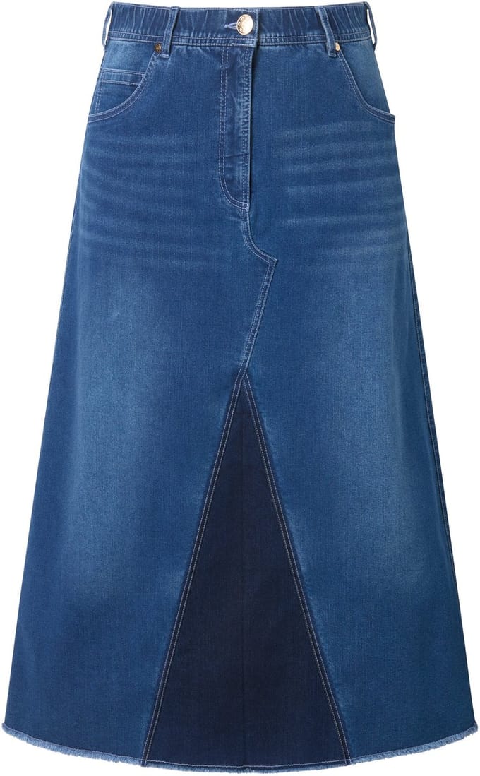 Ulla Popken - Dames - Jeansrok gerafelde zoom A-lijn stretchdenim - Blauw denim - Maat 48