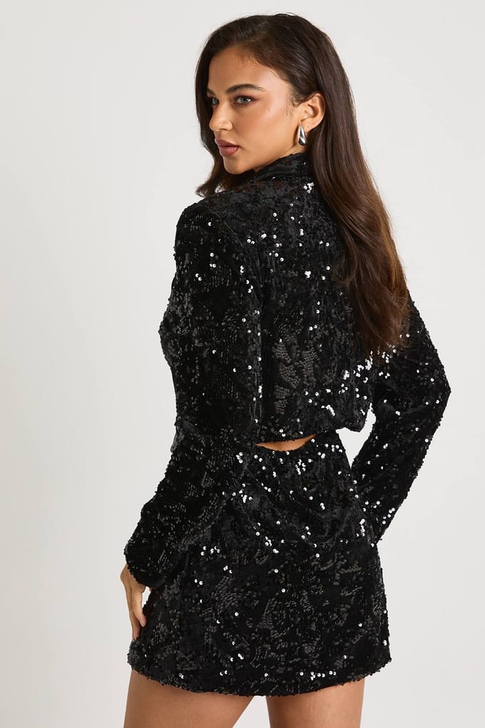boohoo Dames Gestructureerde fluwelen kanten demask blazerjurk | Zwart | Maat: 38