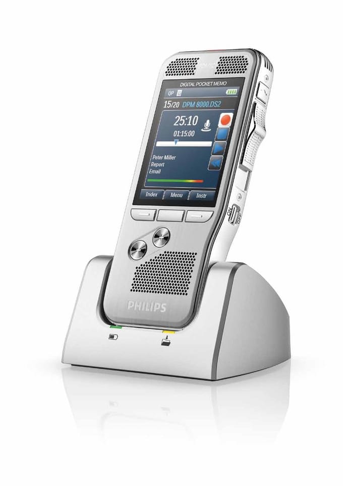 Philips DPM8200/02 Professionele PocketMemo Dicteerapparaat - 4-positie Schuifschakelaar (Phi.) - Docking station - Accessoire set - SpeechExec Pro Dictate - 2-year license