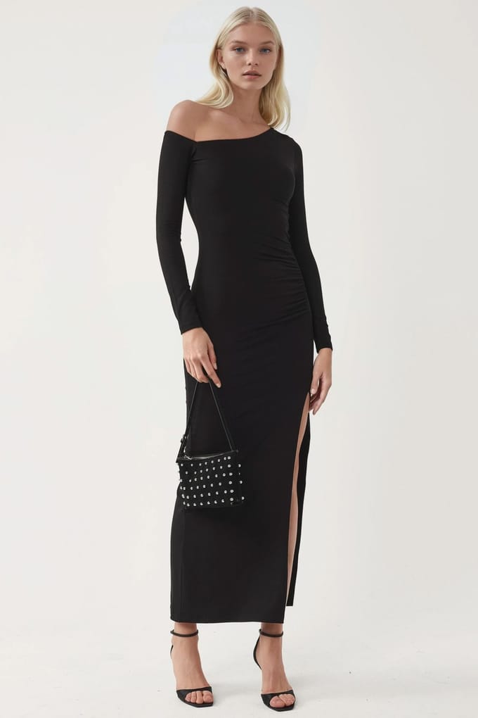 Asymmetrische Kraag Maxi Jurk met Split