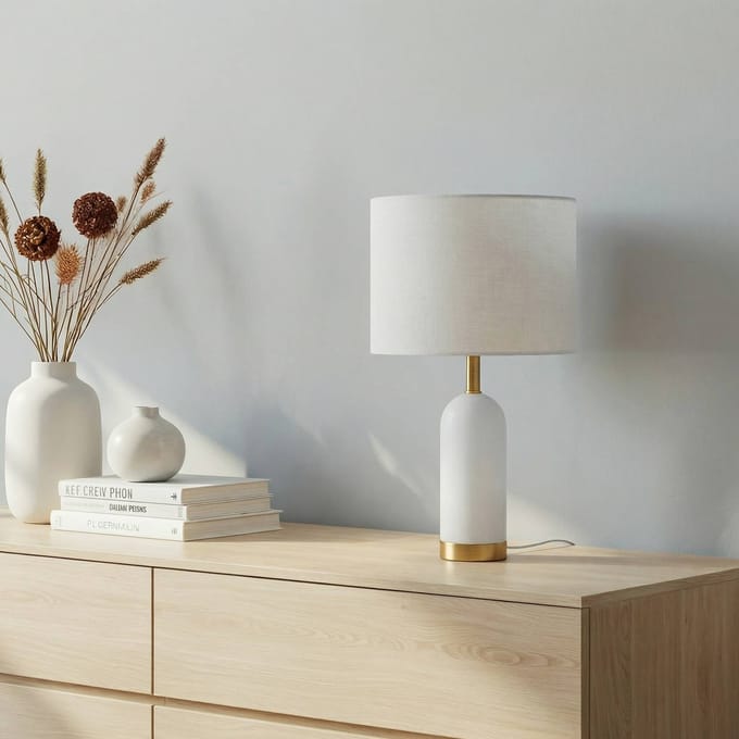 Lindby - Tafellamp - 1licht - Stof, marmer, metaal - H: 50 cm - E27 - wit, grijs, goud