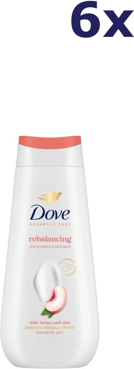6x Dove Douchegel - 225ml - rebalancing - witte perzik & rijstmelk