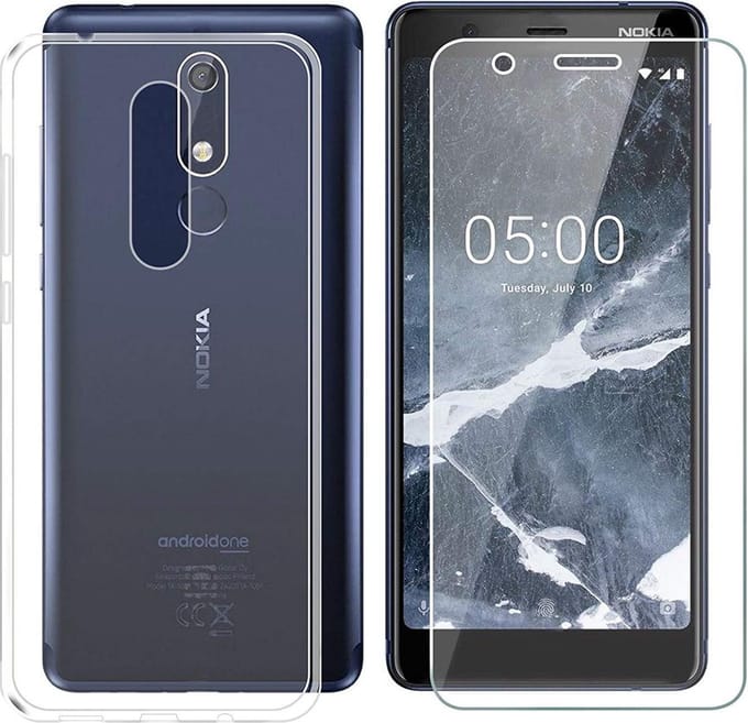 Hoesje Geschikt voor: Nokia 5.1 Plus Transparant TPU Siliconen Soft Case + 2X Tempered Glass Screenprotector